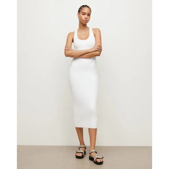 All Saints Maki Midi Dress White Racerback Stretch Bodycon Lined US 6 Scoop Neck - Picture 2 of 7